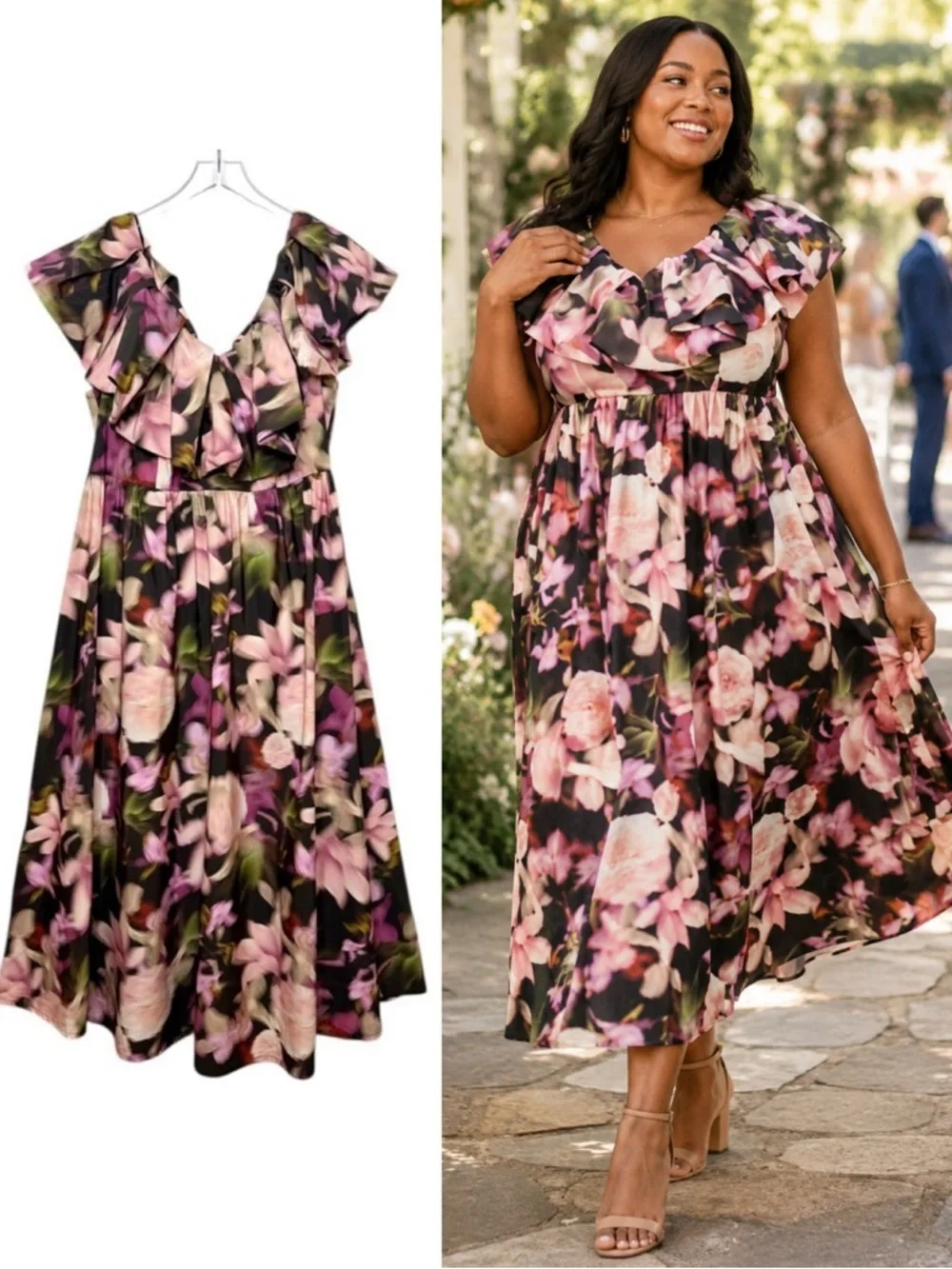 ELOQUII Ruffle Neckline Pink Moody Floral Women’s Midi Dress Sz 16